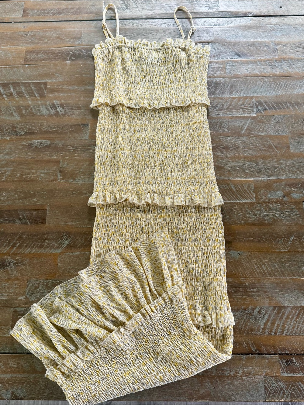 Vici Yellow Smocked Tiered Midi Dress